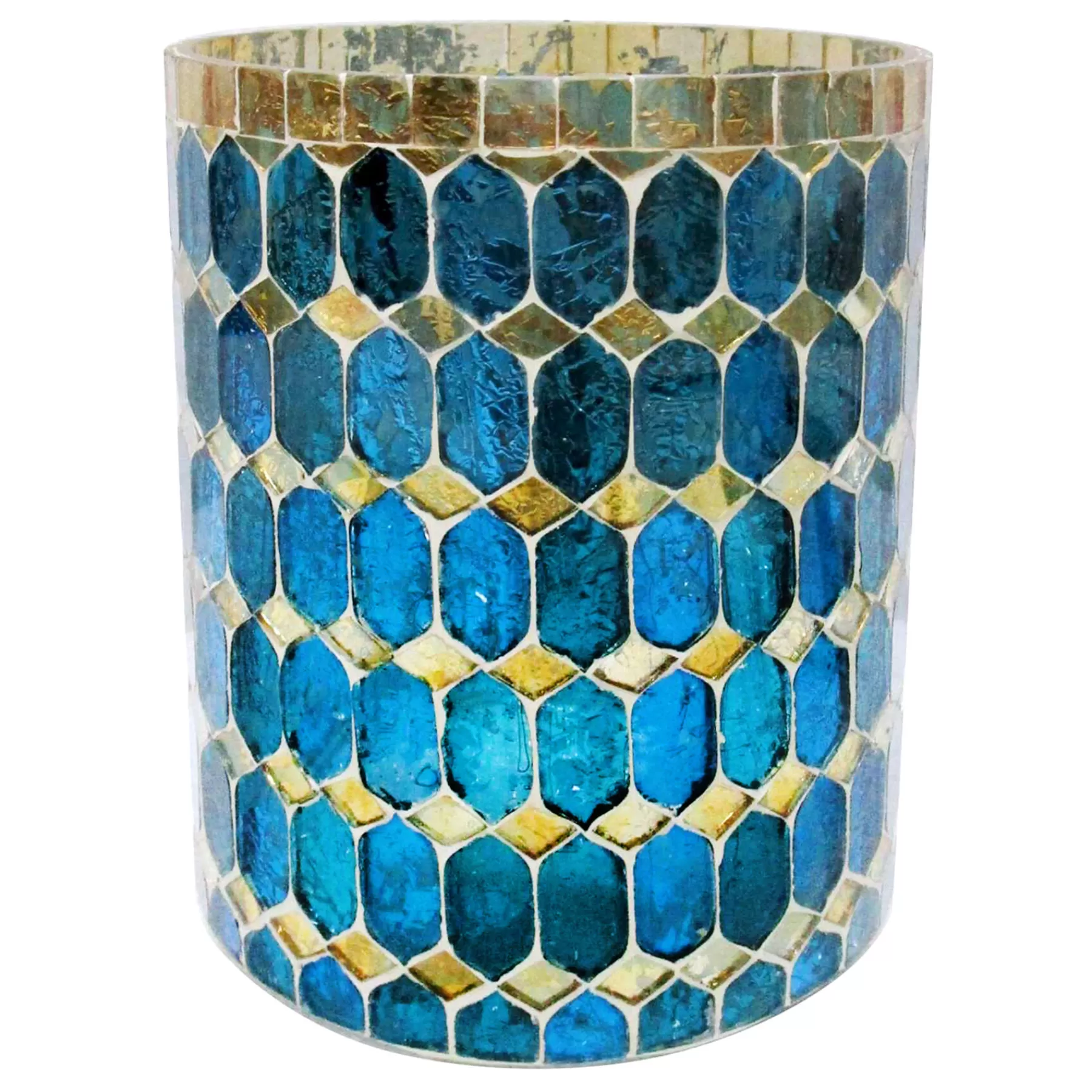 * Discount Sale Blue & Gold Mosaic Hurricane Candle Holder, 5.7