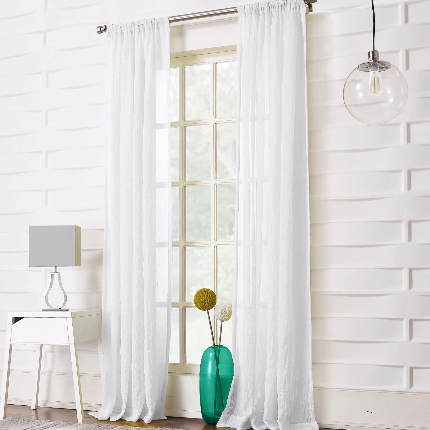* Exclusive Design Lourdes White Crushed Rod Pocket Sheer Curtain Panel, 95