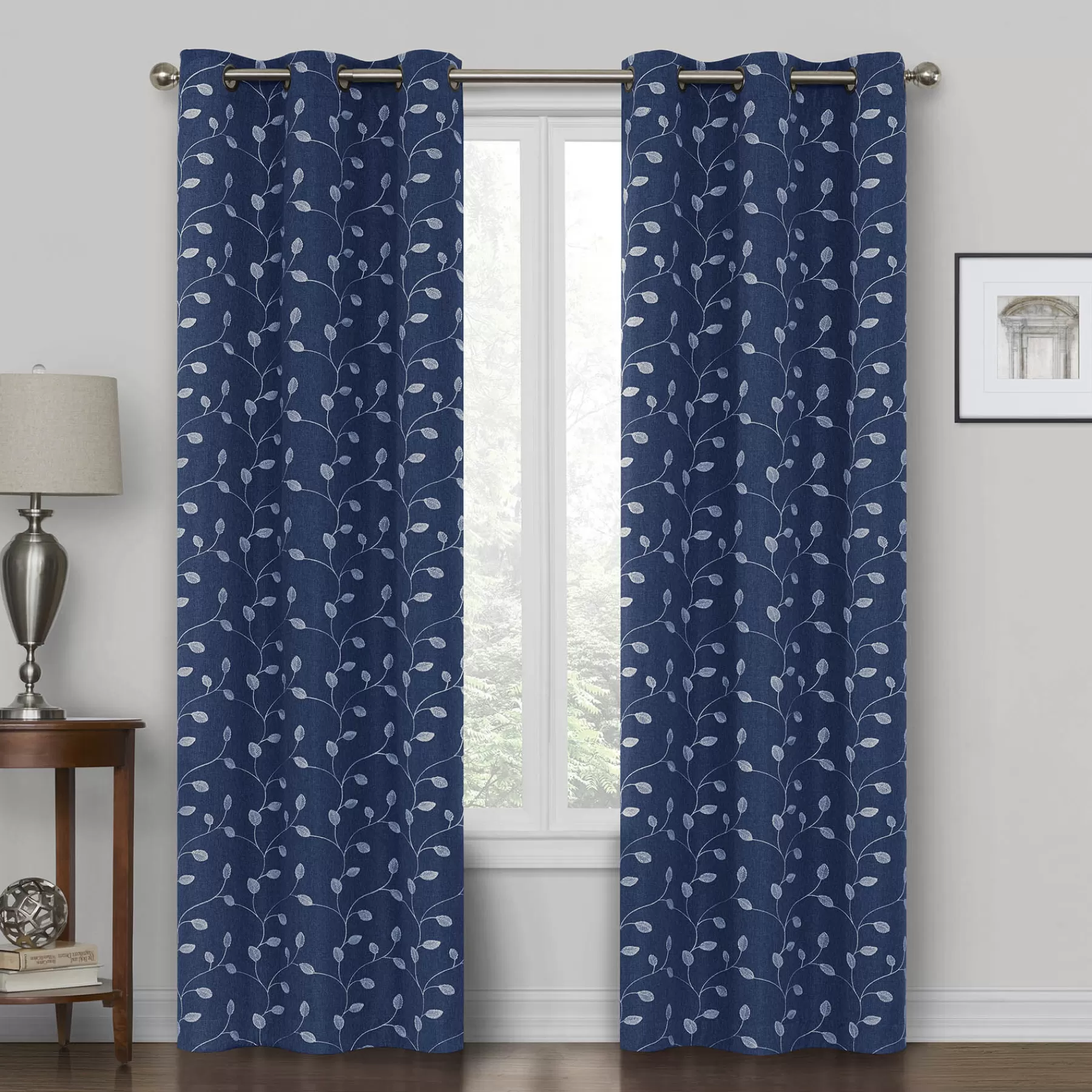 * Exclusive Design Rockwell Navy Embroidered Blackout Grommet Curtain Panel, 84
