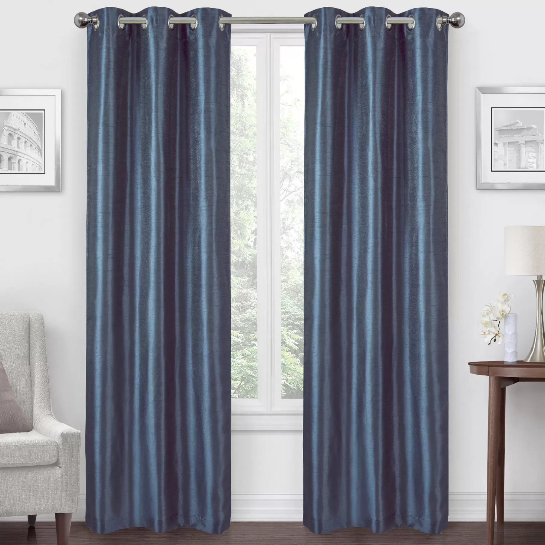 * Exclusive Navy Faux Silk Blackout Grommet Curtain Panel, 63