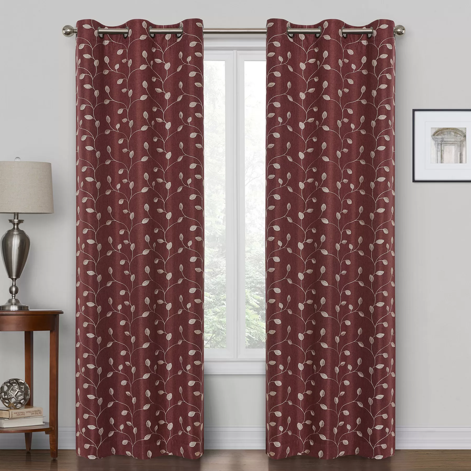 * Premium Rockwell Burgundy Embroidered Blackout Grommet Curtain Panel, 84